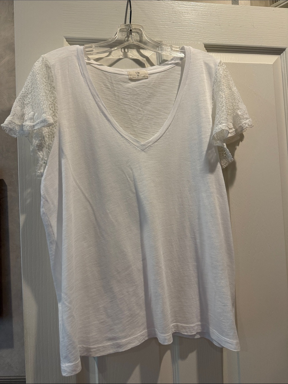 T.La White V-Neck Tee with Lace Short Sleeves